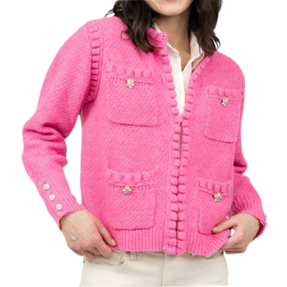 Ivy Jane Fairy Hot Pink Cardigan Feminine Rhinestone Button Sweater Large